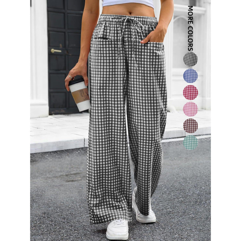 Pantaloni Loungeleisure Gessati a Vita Alta con Gamba Larga e Coulisse
