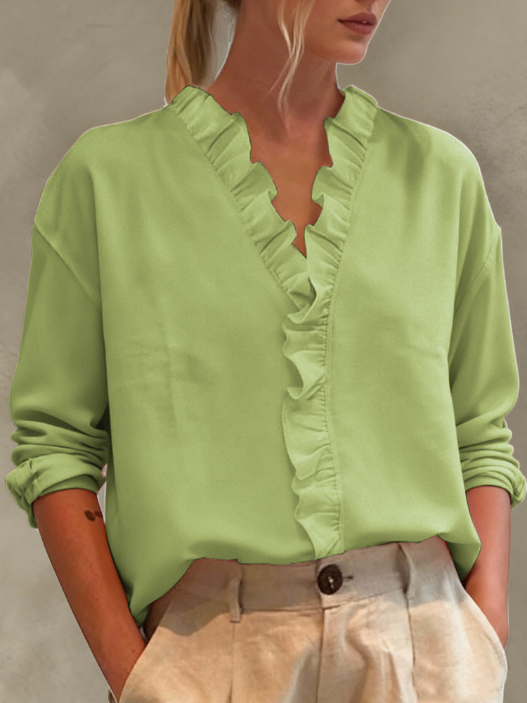 Camicetta da donna casual a maniche lunghe con scollo a V e bordo in pizzo