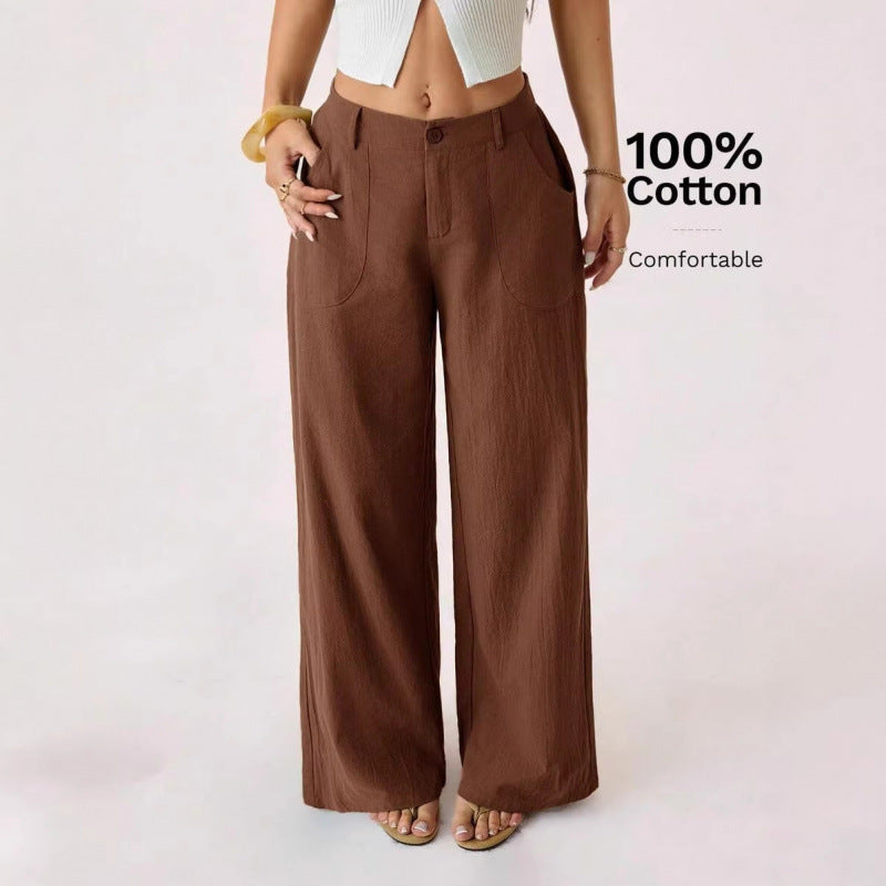 Nuovi pantaloni ampi da donna in misto cotone-lino a vita media, casual, per il pendolarismo
