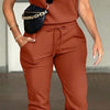 2PCs Women Solid Color Round Neck Short Sleeve Top And Drawstring Pocket Long Pants Casual Suit
