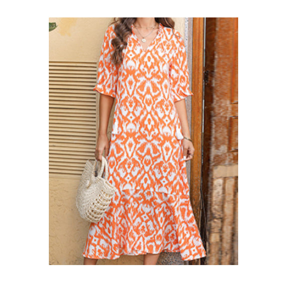 Loose V-neck Printed Tassel Mid-sleeve Long Dress