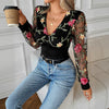 V-neck See-through Embroidery Stitching Long Sleeve T-shirt
