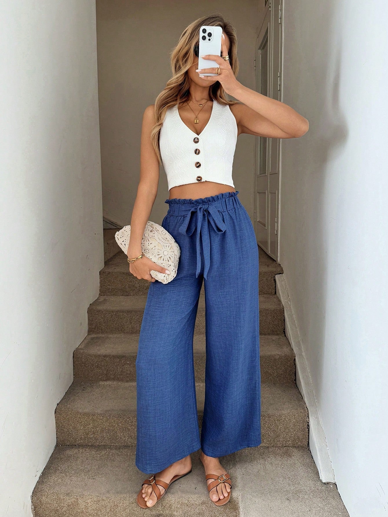 Pantaloni Larghi Casual da Resort con Fascia in Vita a Fiocco