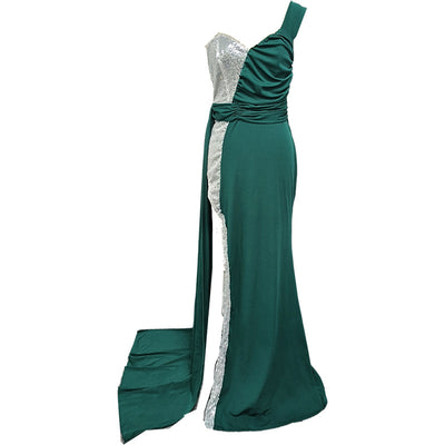 Elegante Abito da Sera con Gonna a Spacco e Lavorazione Pesante e Dorata