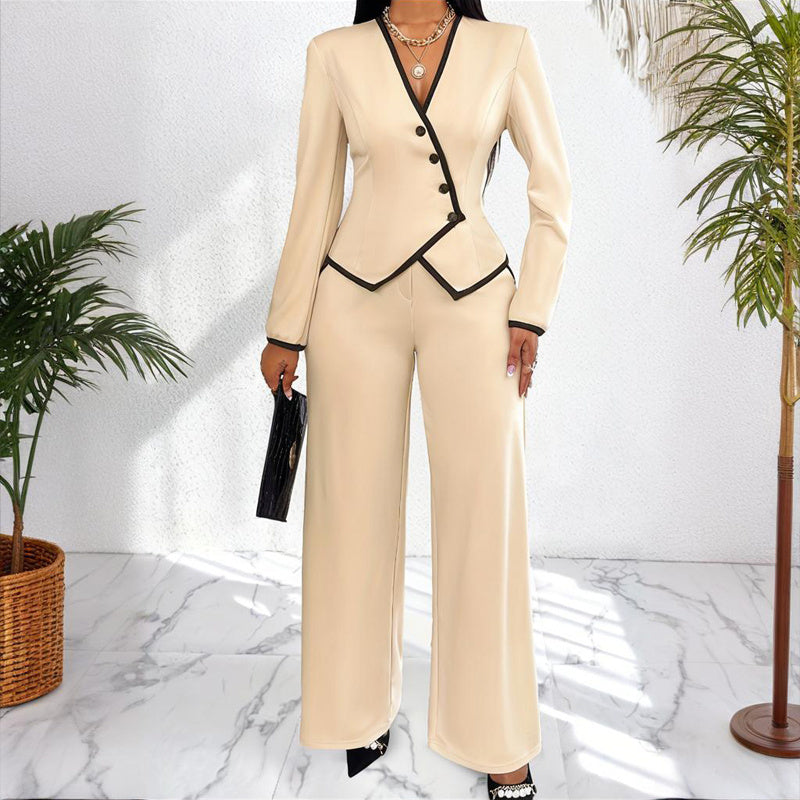 Women's Two-Piece V-Neck Long Sleeve Blouse With Contrast Trim & Straight Leg Wide Pants Set - Office Wear Suit For Spring&Fall