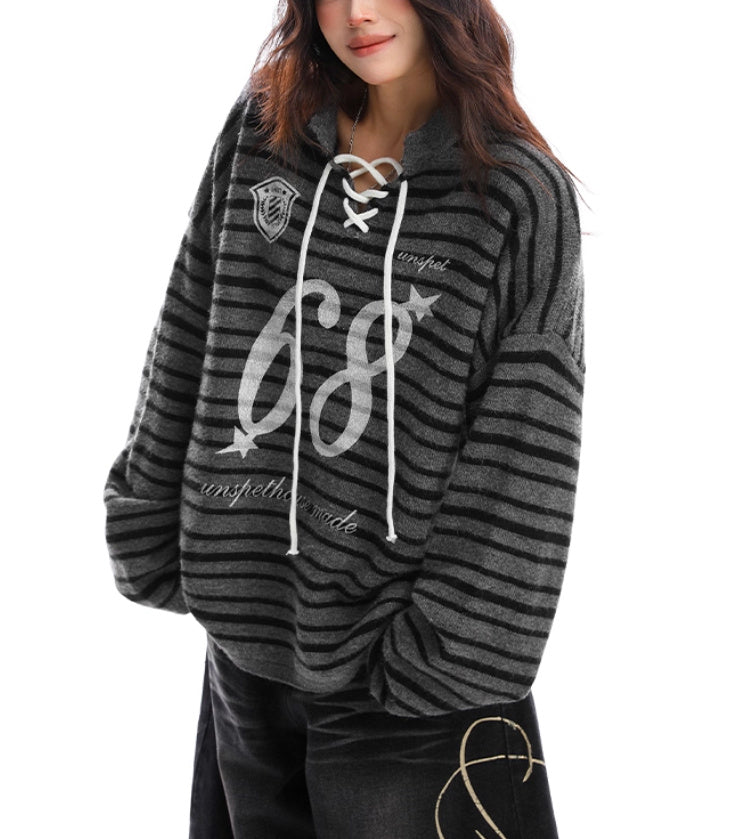 Loose Mixed Color Stripe Lace-up Sweater