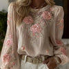 Top in lino ampio ricamato a rose, stile retrò bohémien