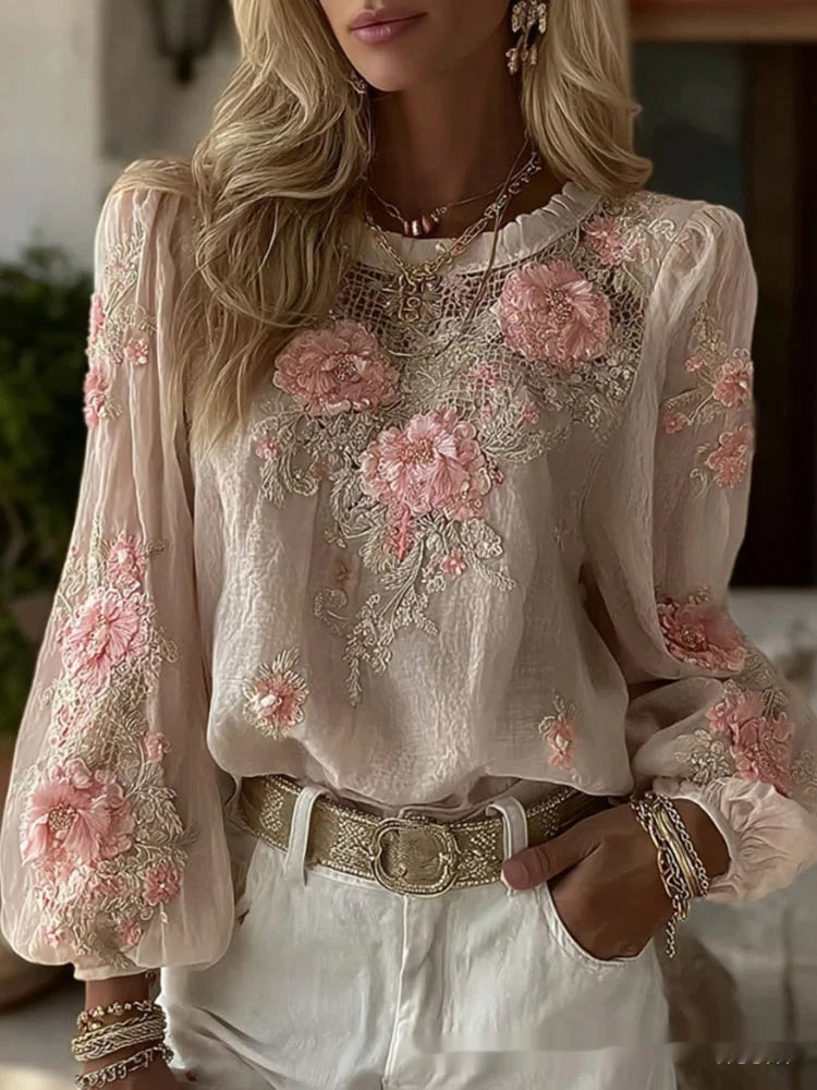 Top in lino ampio ricamato a rose, stile retrò bohémien