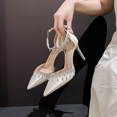 White Satin Strap Tassel Chain High Heels