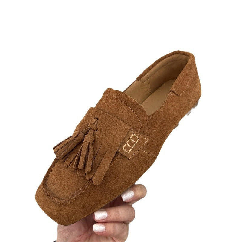 Square Head Soft Sole Shoes Women's All-matching Tassel Shallow Mouth Non-slip One Pedal Loafer