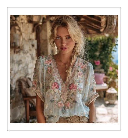Top a maniche corte da donna con scollo a V, elegante, artistico e in stile retrò