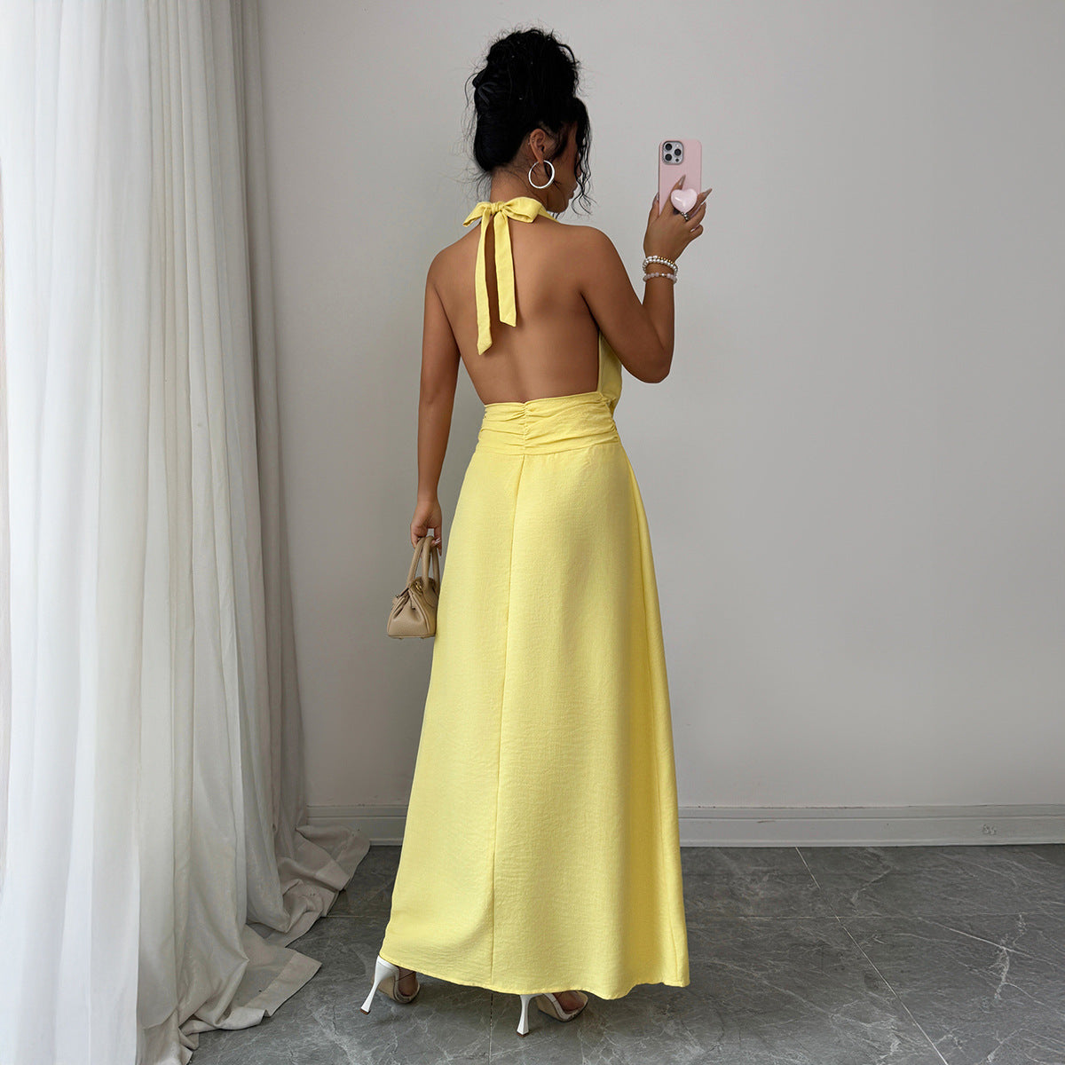 Womens Solid-Color Elegant French-Style Resort Halter Dress