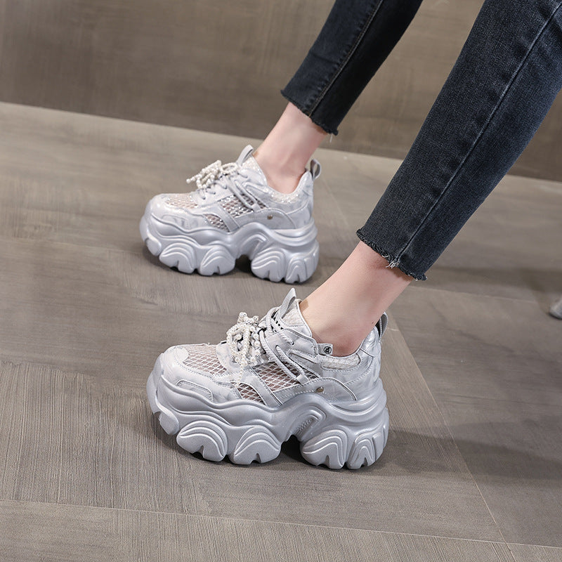 Thick Bottom Height Increasing Insole Mesh Breathable Pearl Dad Shoes Women