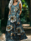 Womens Loose Fit Long Dress With Ocean Floral Print And Large Pockets