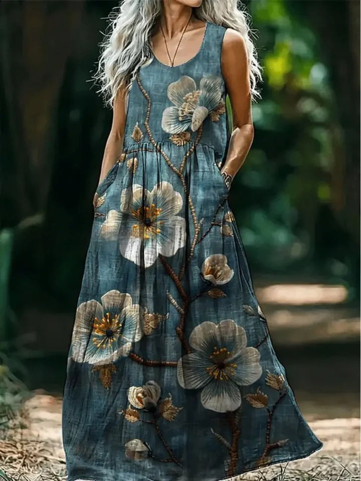 Womens Loose Fit Long Dress With Ocean Floral Print And Large Pockets