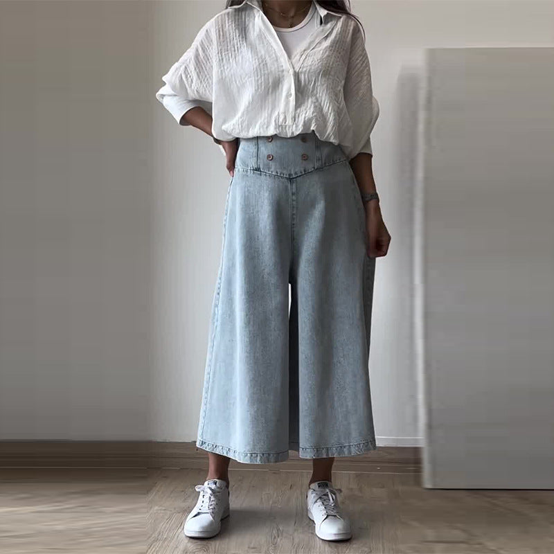 Eleganti Jeans in Denim Casual a Vita Alta Vestibilità Ampia