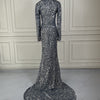 Vestito da sera lungo grigio con paillettes e maniche lunghe