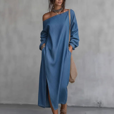 Fashionable Off-the-shoulder Slit Straight-leg, Loose-fitting Long Dress