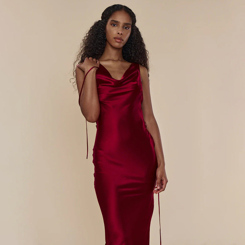 Abito lungo da sera da donna in pizzo con allacciatura, stile banchetto