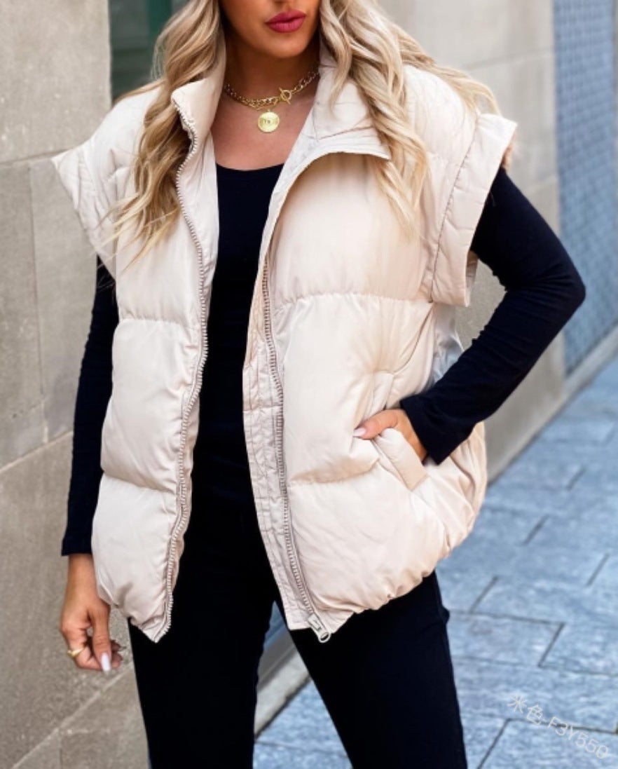 Cappotto da pendolarismo alla moda con collo alto, tasca con cerniera, gilet imbottito in cotone