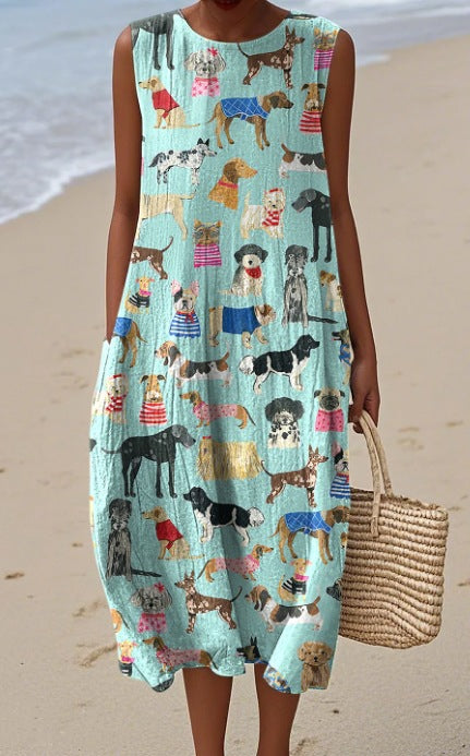 Pocketed Crew-neck Dress With Geometric And Floral Elements