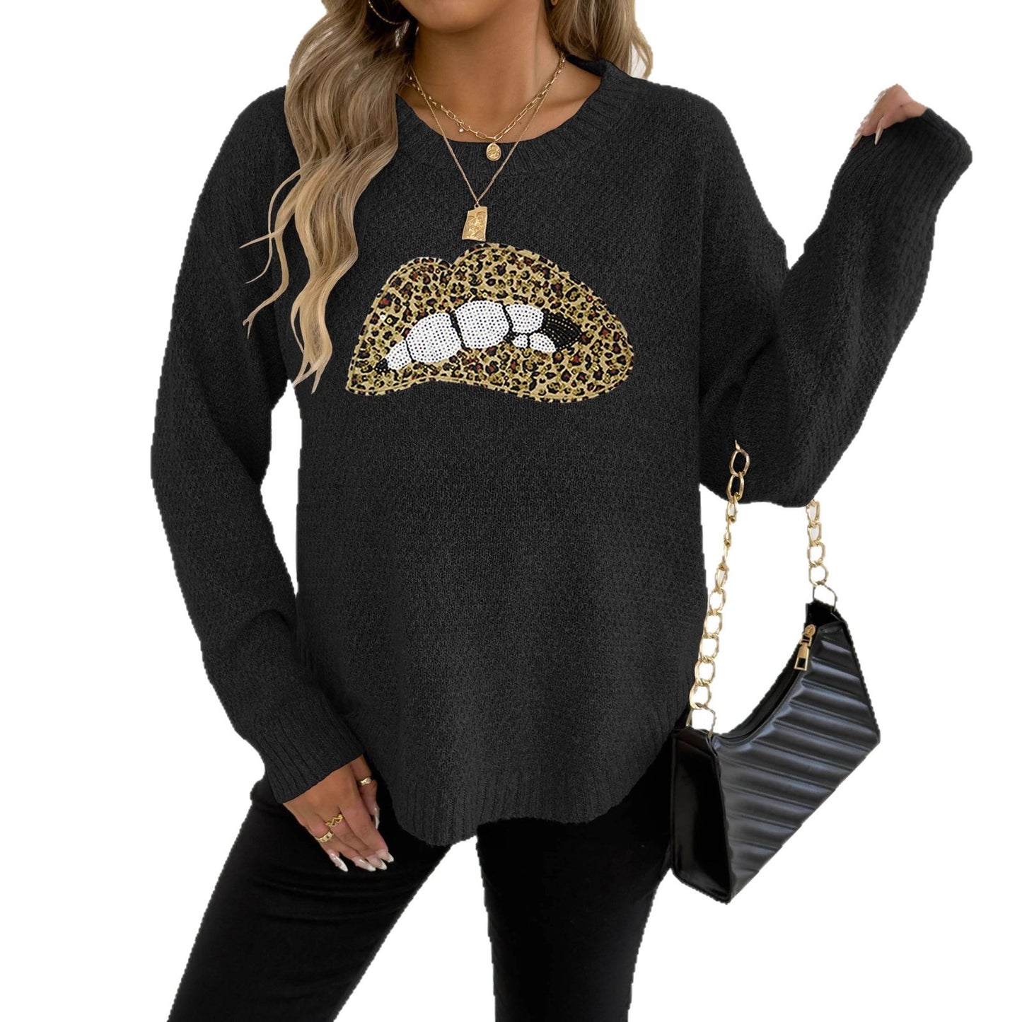 Female Leopard Print Embroidered Sequins Lips Personality Crew Neck Pullover Sweater