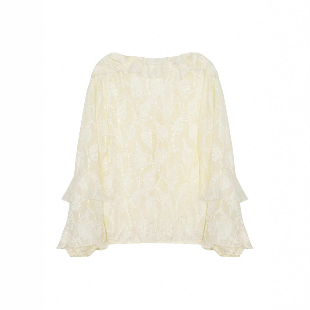 Cardigan in pizzo arricciato in stile francese con maniche svasate e dettaglio da annodare