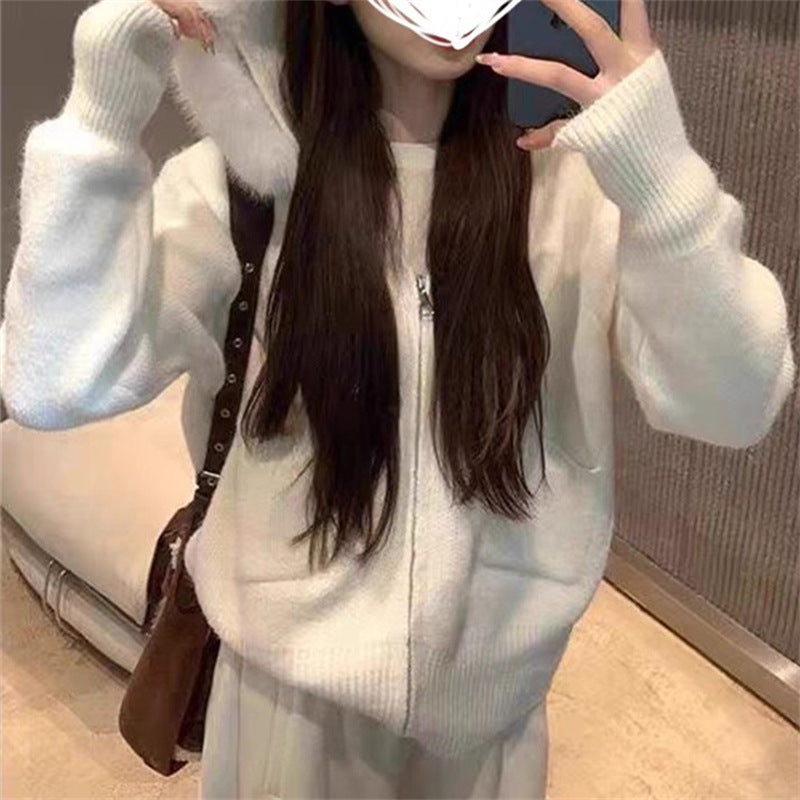 Maillard Coffee Color Fur Collar Hooded Sweater Coat Casual Style