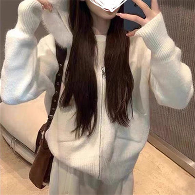 Maillard Coffee Color Fur Collar Hooded Sweater Coat Casual Style