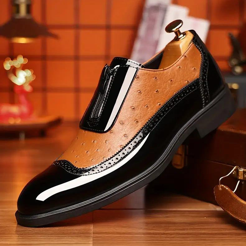 Ostrich Grain Embossed Zipper Pointed Plus Size Bright Leather Chelsea Men's Shoes