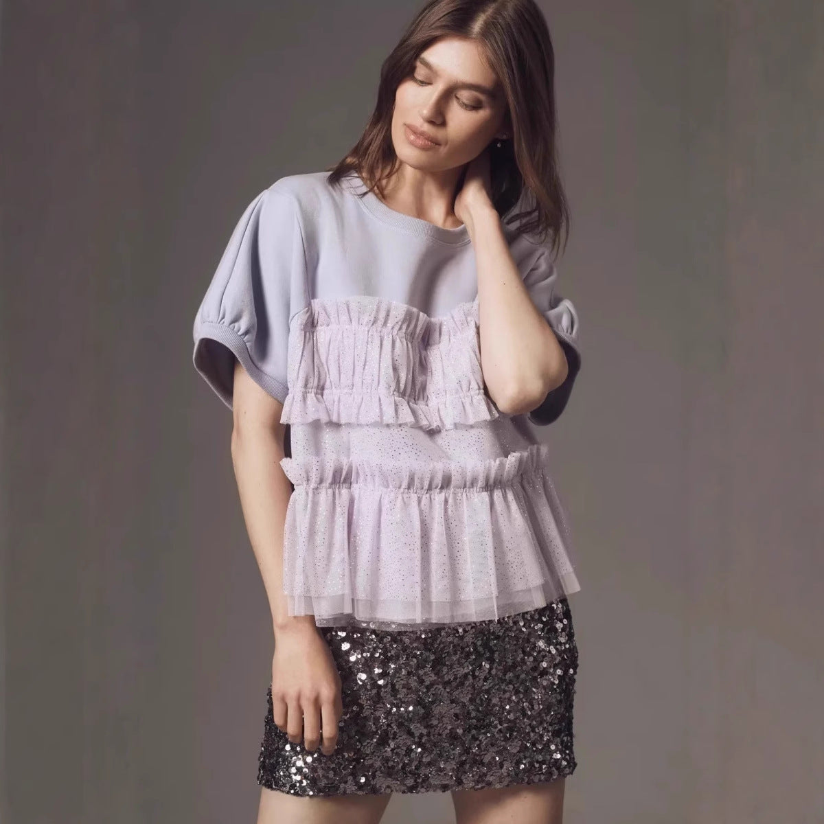 Mesh-spliced Fashionable Short-sleeve Top For Women