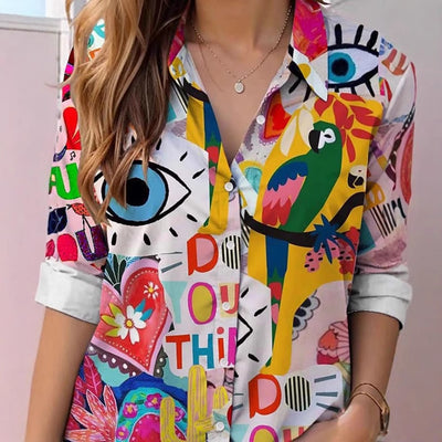 Camicia da donna a maniche lunghe stampata con risvolto
