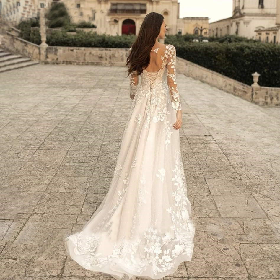 Abito da sposa a maniche lunghe Stile Mori Abito da sposa semplice girocollo