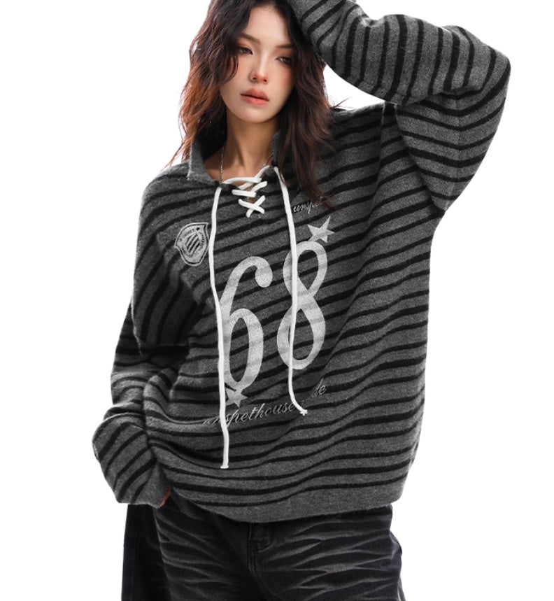 Loose Mixed Color Stripe Lace-up Sweater