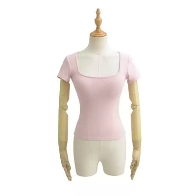 T-shirt tinta unita scollo quadrato maniche corte con coppe integrate