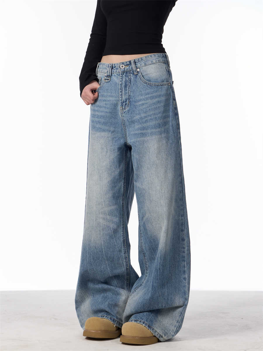 Retro Worn Looking Washed-out Jeans Women's Loose Straight Wide-leg Pants