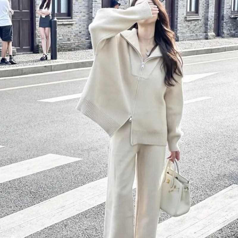 Cardigan lavorato a maglia con cerniera, pantaloni larghi a tinta unita, set da due pezzi