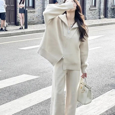 Cardigan lavorato a maglia con cerniera, pantaloni larghi a tinta unita, set da due pezzi