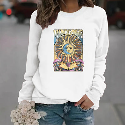 Felpa con cappuccio e stampa sole e luna, casual, a maniche lunghe, girocollo, da donna, autunno e inverno