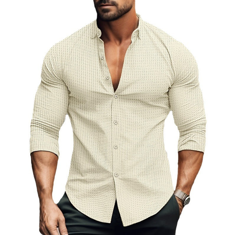 European And American Men's Solid Color Long-sleeved Shirt