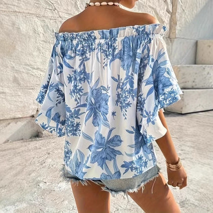 Off-Shoulder Floral Ruffle-Sleeve Womens Short-Sleeve Top