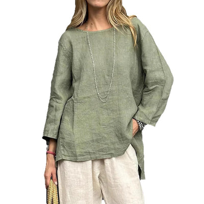 Vintage Cotton-Linen Crew-Neck Long-Sleeve Fashion Blouse For Women