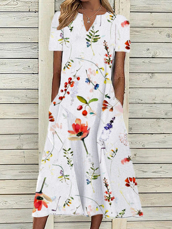 Women's Oil Painting Flower V-neck A- Line Dress