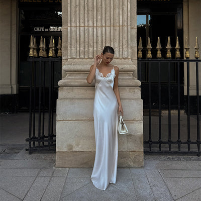 V-neck Lace-panel Long Satin Slip Dress