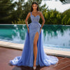 Abito a sirena blu fatto a mano con perline e spalle divise