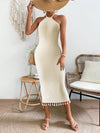 Womens Solid-Color Fashion Tassel Halterneck Lace-Up Dress