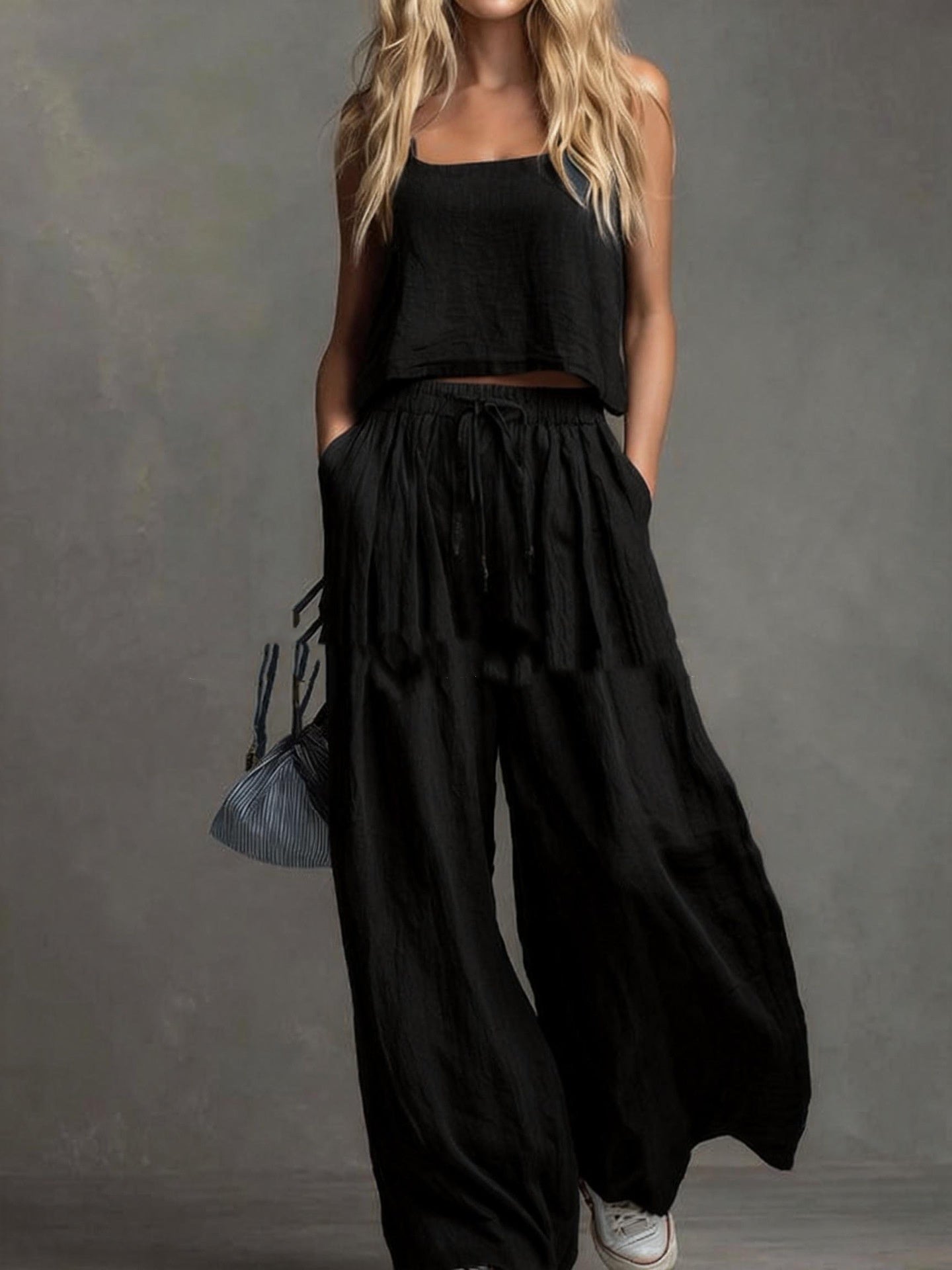 Womens Two-piece Set Loose-fitting Vest And Wide-leg Pants