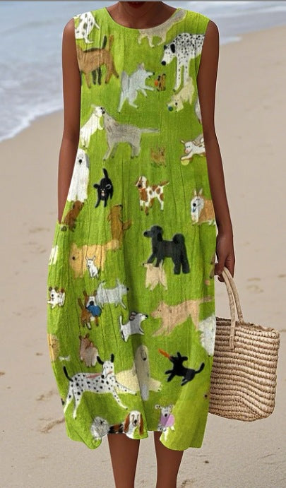 Pocketed Crew-neck Dress With Geometric And Floral Elements