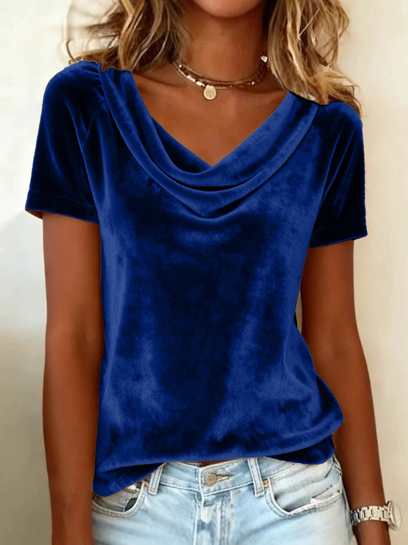Nuova T-shirt in velluto sexy a maniche corte, girocollo, tinta unita
