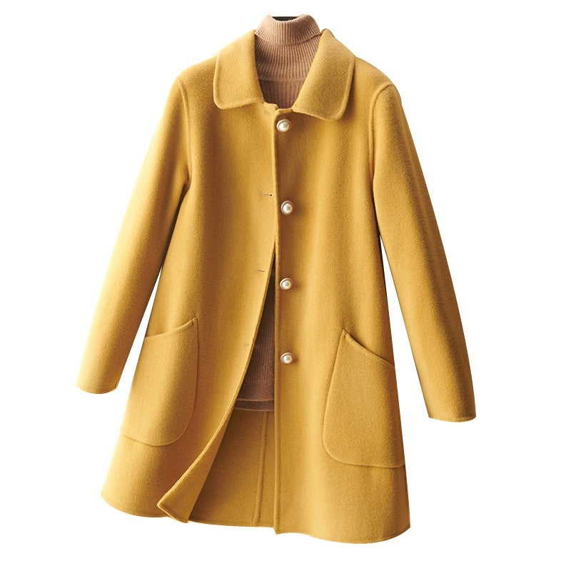 Cappotto di media lunghezza da donna in lana con collo a bambola, fibbia in perle, double face, Woolen Goods